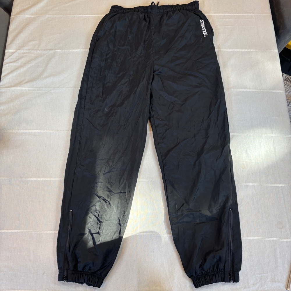 Starter Vintage Black Nylon Track Pants Red Lined Ankle Zip Joggers Mens Large